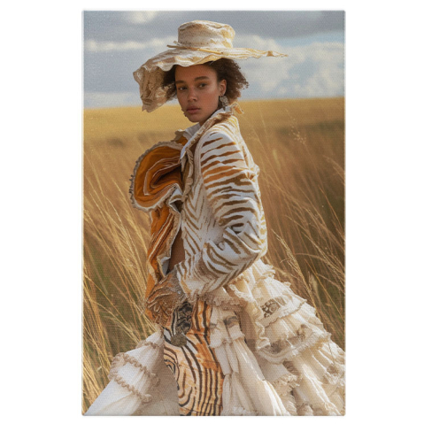 Modă - Tablou Canvas:  Fata Africana cu Parul Cret si Palarie in Rochie Voluminoasa cu Nunate de Culori pe un Lan de Grau Pictura Digitala 40x25CM