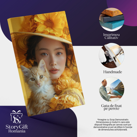Tablou Canvas Fată Asiatică cu Pisicuță Alb-Bej în Brațe, Marime 40x25CM [1]