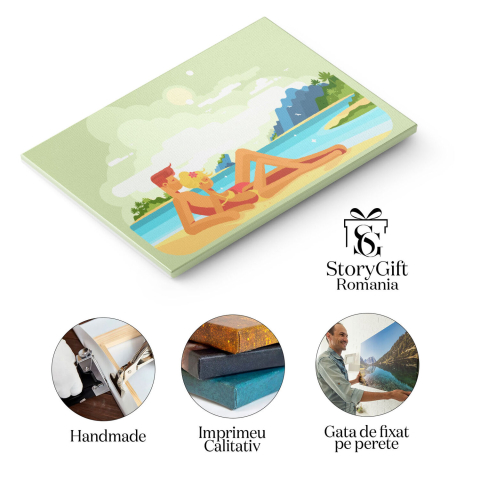 Tablou Canvas Fata Blonda si un Baiat care se Bronzeaza pe Nisipul Curat de langa Marea Albastra Senina 40x25CM [1]