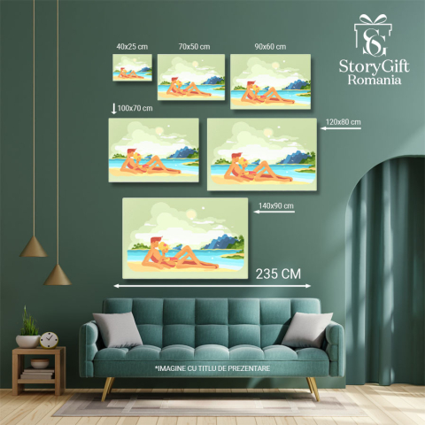 Tablou Canvas Fata Blonda si un Baiat care se Bronzeaza pe Nisipul Curat de langa Marea Albastra Senina 40x25CM [4]