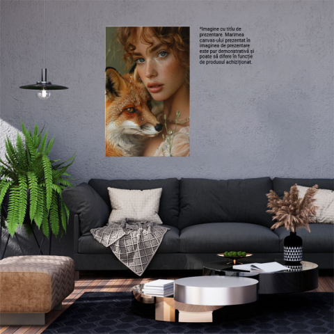 Tablou Canvas  Fata cu Ochii Albastri si Par Roscat cu Pistrui si Pietricica pe Nas tine in Brate o Vulpe cu Pietricele , Pictura Digitala 40x25CM [1]