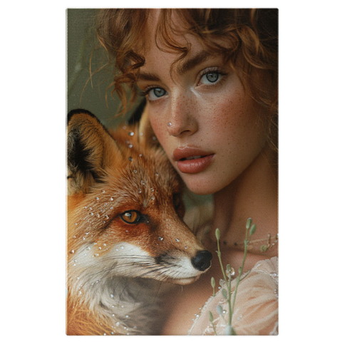 Portret - Tablou Canvas  Fata cu Ochii Albastri si Par Roscat cu Pistrui si Pietricica pe Nas tine in Brate o Vulpe cu Pietricele , Pictura Digitala 40x25CM