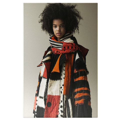 Modă - Tablou Canvas:  Fata cu Par Cret si Negru Imbracata in Palton Gros cu Fular si Chip Blajin Pictura Digitala 40x25CM