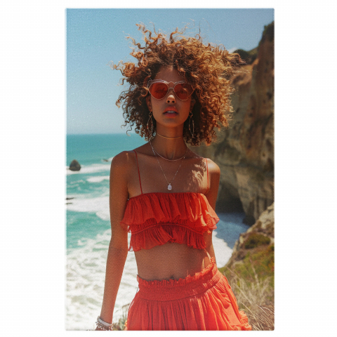 Modă - Fată cu Păr Creț în Ținută de Vară Portocalie - Pictură Digitală, Marime 40x25CM