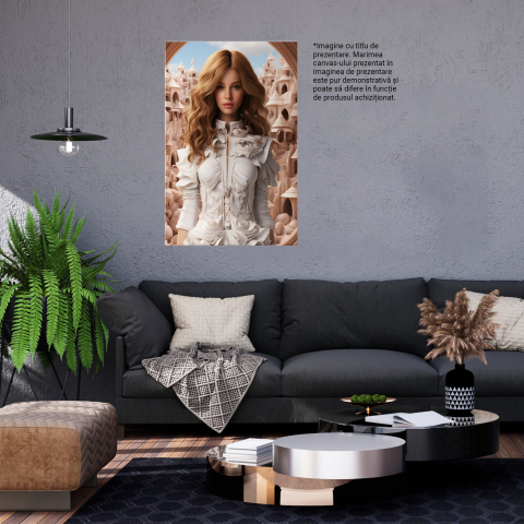 Tablou Canvas - Fata Gingasa în Rochie Albă cu Ochii Verzi într-un Oraș Istoric, Marime 40x25CM [2]