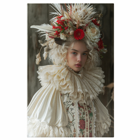 Fata în Costum Alb cu Motive Florale și Flori în Păr - Pictură Digitală, Marime 40x25CM