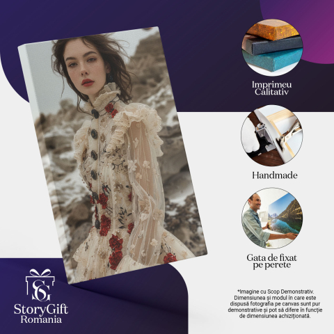 Tablou Canvas  Fata in Rochie Alba cu Maneci Transparente si Nasturi cu Model de Trandafiri si Pistrui  , Pictura Digitala 40x25CM [2]