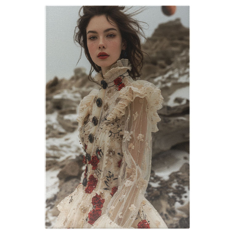 Abstract - Tablou Canvas  Fata in Rochie Alba cu Maneci Transparente si Nasturi cu Model de Trandafiri si Pistrui  , Pictura Digitala 40x25CM