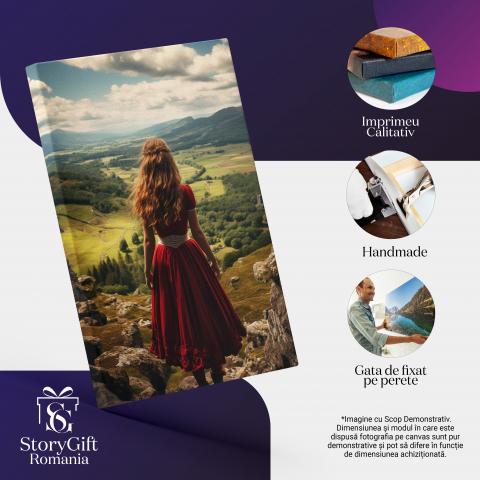 Marimea 40x25CM - Tablou Canvas:  Fata in Rochie Rosie cu Parul Lung Roscat care Priveste catre Padurea Plina de Copaci si Brazi  Pictura Digitala 40x25CM