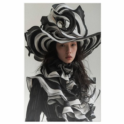 Fată în Ținută Alb-Negru cu Pălărie Mare, Marime 40x25CM