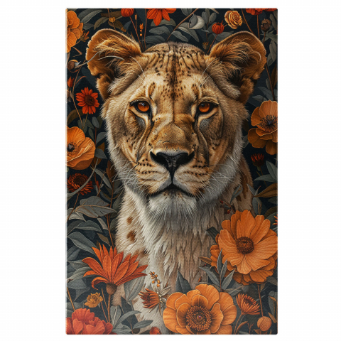 Flori - Felina Camuflată între Flori Portocalii - Pictură Digitală cu Privire Patrunzătoare, Marime 40x25CM