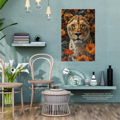 Felina Camuflată între Flori Portocalii - Pictură Digitală cu Privire Patrunzătoare, Marime 40x25CM [2]