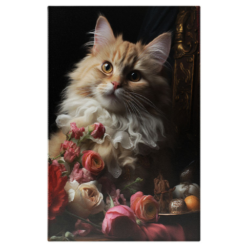 Animale - Tablou Canvas: Felina eleganta  Lucrari de arta,  Pisica, Craciun, Flori taiate, , Aranjament floral,, Blana,  Pictura Digitala 40x25CM