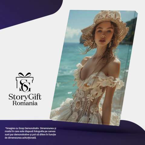 Tablou Canvas Femeia de pe Plaja Însorită Îmbrăcată în Rochie din Dantelă cu Decolteu Inimă , Pictura Digitala 40x25CM [4]