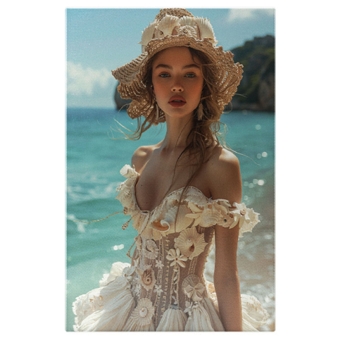Modă - Tablou Canvas Femeia de pe Plaja Însorită Îmbrăcată în Rochie din Dantelă cu Decolteu Inimă , Pictura Digitala 40x25CM