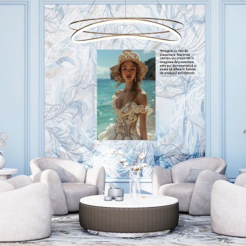 Tablou Canvas Femeia de pe Plaja Însorită Îmbrăcată în Rochie din Dantelă cu Decolteu Inimă , Pictura Digitala 40x25CM [1]