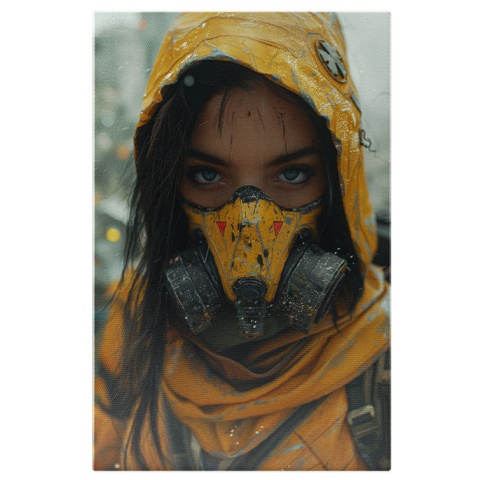 Abstract - Tablou Canvas: Femeia în Costum Chimic Galben cu Mască de Gaze Bruneta cu Ochi Albaștri Pictura Digitala 40x25CM