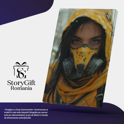 Tablou Canvas: Femeia în Costum Chimic Galben cu Mască de Gaze Bruneta cu Ochi Albaștri Pictura Digitala 40x25CM [4]