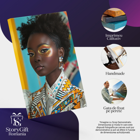 Femeie Africană cu Pictură pe Față - Sclipici Galben și Cercei Strălucitori, Marime 40x25CM [1]