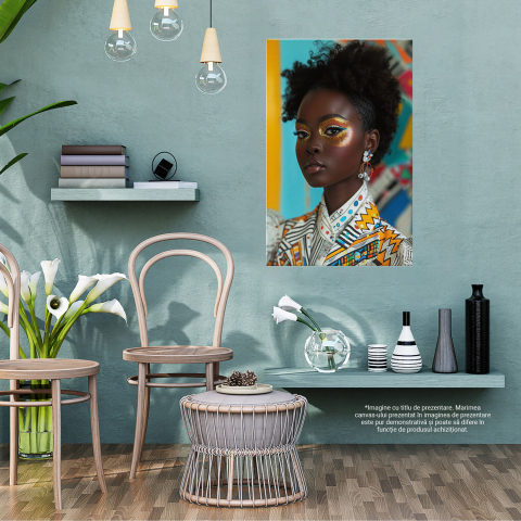 Femeie Africană cu Pictură pe Față - Sclipici Galben și Cercei Strălucitori, Marime 40x25CM [2]