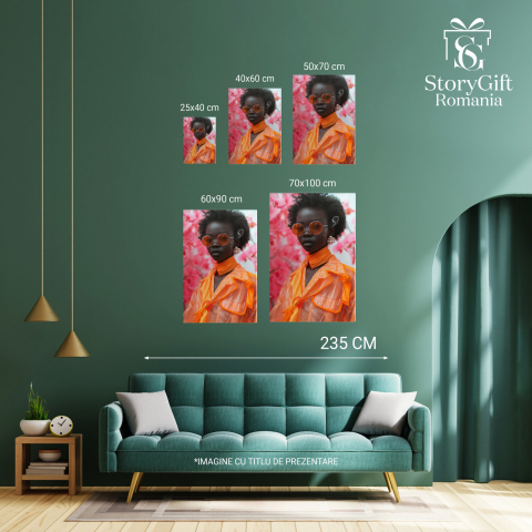 Femeie Africană în Costum Portocaliu, Păr Cret Brunet și Cercei cu Eșarfă la Gât, Marime 40x25CM [3]