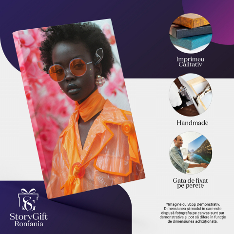 Femeie Africană în Costum Portocaliu, Păr Cret Brunet și Cercei cu Eșarfă la Gât, Marime 40x25CM [1]