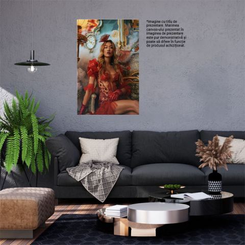 Tablou Canvas:  Femeie Blondă în Costum Roșu și Dantelă Sexy Asezată pe Scaun- Eleganță și Modă Pictura Digitala 40x25CM [1]