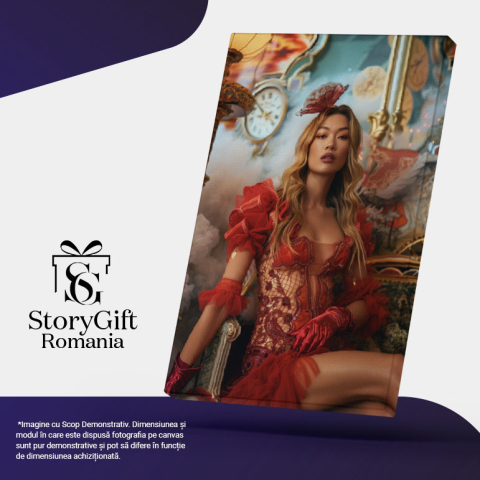 Tablou Canvas:  Femeie Blondă în Costum Roșu și Dantelă Sexy Asezată pe Scaun- Eleganță și Modă Pictura Digitala 40x25CM [4]