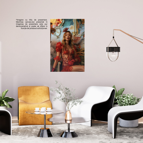 Femeie Blondă în Costum Roșu și Dantelă Sexy Așezată pe Scaun, Marime 40x25CM [2]