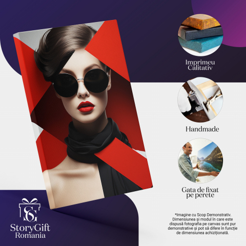 Tablou Canvas - Femeie cu Ochelari Negri și Eșarfă Neagră la Gât, Pictură Digitală Abstractă, Marime 40x25CM [1]