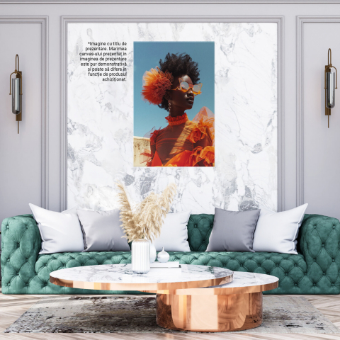 Stylish Woman with Glasses and Orange Pom Pom in Curly Hair – Orange Dress with Earrings – Digital Art, Marime 40x25CM [2]