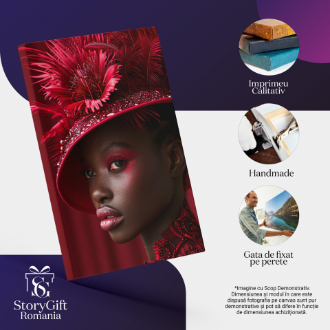 Femeie cu Ochii Machiați și Palarie cu Pene în Costum Elegant, Marime 40x25CM [1]