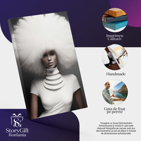 Femeie cu Păr Voluminos Alb pe Fundal Gri Întunecat în Bluza Albă cu Model la Gât - Pictură Digitală, Marime 40x25CM [1]