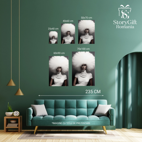 Femeie cu Păr Voluminos Alb pe Fundal Gri Întunecat în Bluza Albă cu Model la Gât - Pictură Digitală, Marime 40x25CM [2]