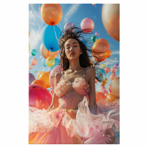 Femeie cu Rochie Tutu Roz într-o Mare de Baloane - Pictură Digitală Asiatica, Marime 40x25CM