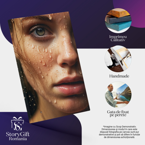 Tablou Canvas Femeie Drăguță cu Stropi de Ploaie pe Față, Marime 40x25CM [1]