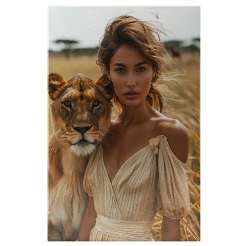 Portret - Tablou Canvas  Femeie Imblanzitoarea Leoaicei cu Parul Saten in Rochie cu Umerii Goi si Ochii Caprui  , Pictura Digitala 40x25CM