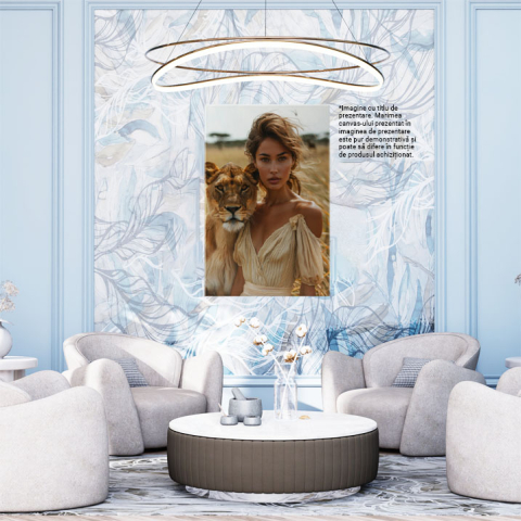 Tablou Canvas  Femeie Imblanzitoarea Leoaicei cu Parul Saten in Rochie cu Umerii Goi si Ochii Caprui  , Pictura Digitala 40x25CM [1]