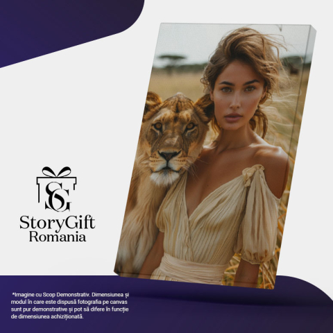 Tablou Canvas  Femeie Imblanzitoarea Leoaicei cu Parul Saten in Rochie cu Umerii Goi si Ochii Caprui  , Pictura Digitala 40x25CM [4]