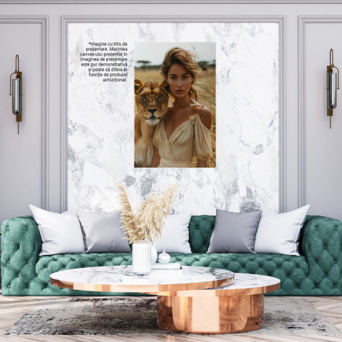 Tablou Canvas Femeia Îmblânzitoarea Leoaicei cu Părul Șaten, Rochie cu Umerii Goi și Ochii Căprui, Marime 40x25CM [2]