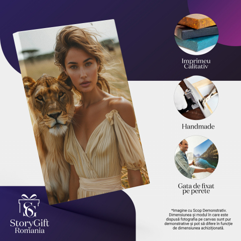 Tablou Canvas Femeia Îmblânzitoarea Leoaicei cu Părul Șaten, Rochie cu Umerii Goi și Ochii Căprui, Marime 40x25CM [1]