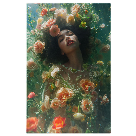 Portret - Tablou Canvas:  Femeie Îmbrăcată în Flori Colorate și Fundal Verde- Cadru Natural și Eleganță Pictura Digitala 40x25CM