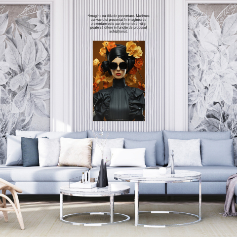 Tablou Canvas Femeie Brunetă în Negru cu Flori - Artă Digitală Avangardistă, Marime 40x25CM [3]