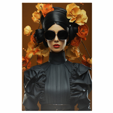 Tablou Canvas Femeie Brunetă în Negru cu Flori - Artă Digitală Avangardistă, Marime 40x25CM