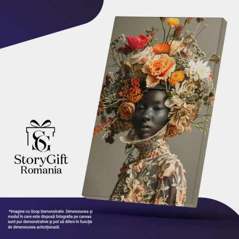 Tablou Canvas:  Femeie Mulatra cu Capul Acoperit de Flori Colorate cu Privire Trista in Rochie Croita Manual Pictura Digitala 40x25CM [4]