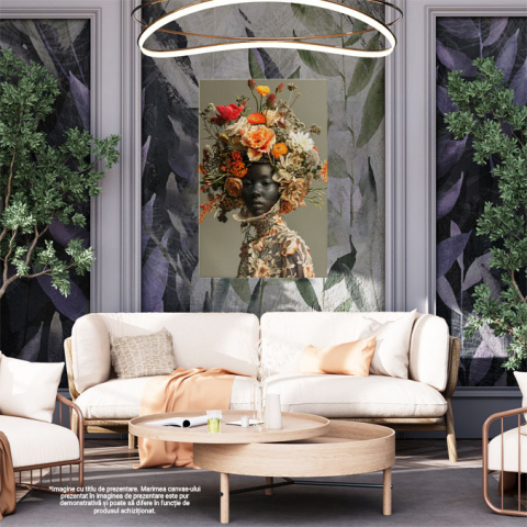 Tablou Canvas:  Femeie Mulatra cu Capul Acoperit de Flori Colorate cu Privire Trista in Rochie Croita Manual Pictura Digitala 40x25CM [1]