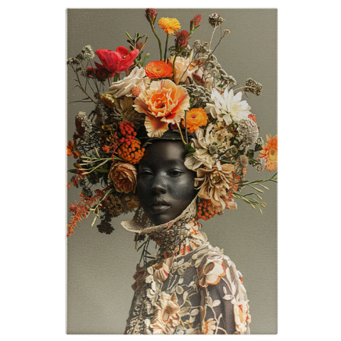 Flori - Tablou Canvas:  Femeie Mulatra cu Capul Acoperit de Flori Colorate cu Privire Trista in Rochie Croita Manual Pictura Digitala 40x25CM