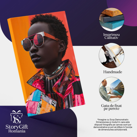 Tablou Canvas  Femeie Negresa cu Ochelari si Buze Mari cu Parul Cret Scurt in Jacheta Colorata cu Nasturi , Pictura Digitala 40x25CM [2]