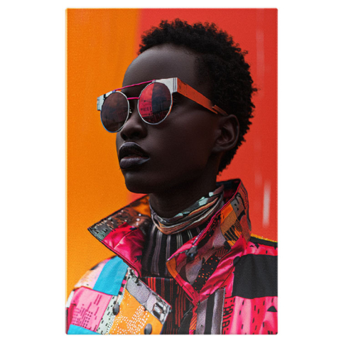 Portret - Tablou Canvas  Femeie Negresa cu Ochelari si Buze Mari cu Parul Cret Scurt in Jacheta Colorata cu Nasturi , Pictura Digitala 40x25CM
