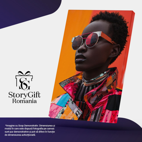 Tablou Canvas  Femeie Negresa cu Ochelari si Buze Mari cu Parul Cret Scurt in Jacheta Colorata cu Nasturi , Pictura Digitala 40x25CM [4]